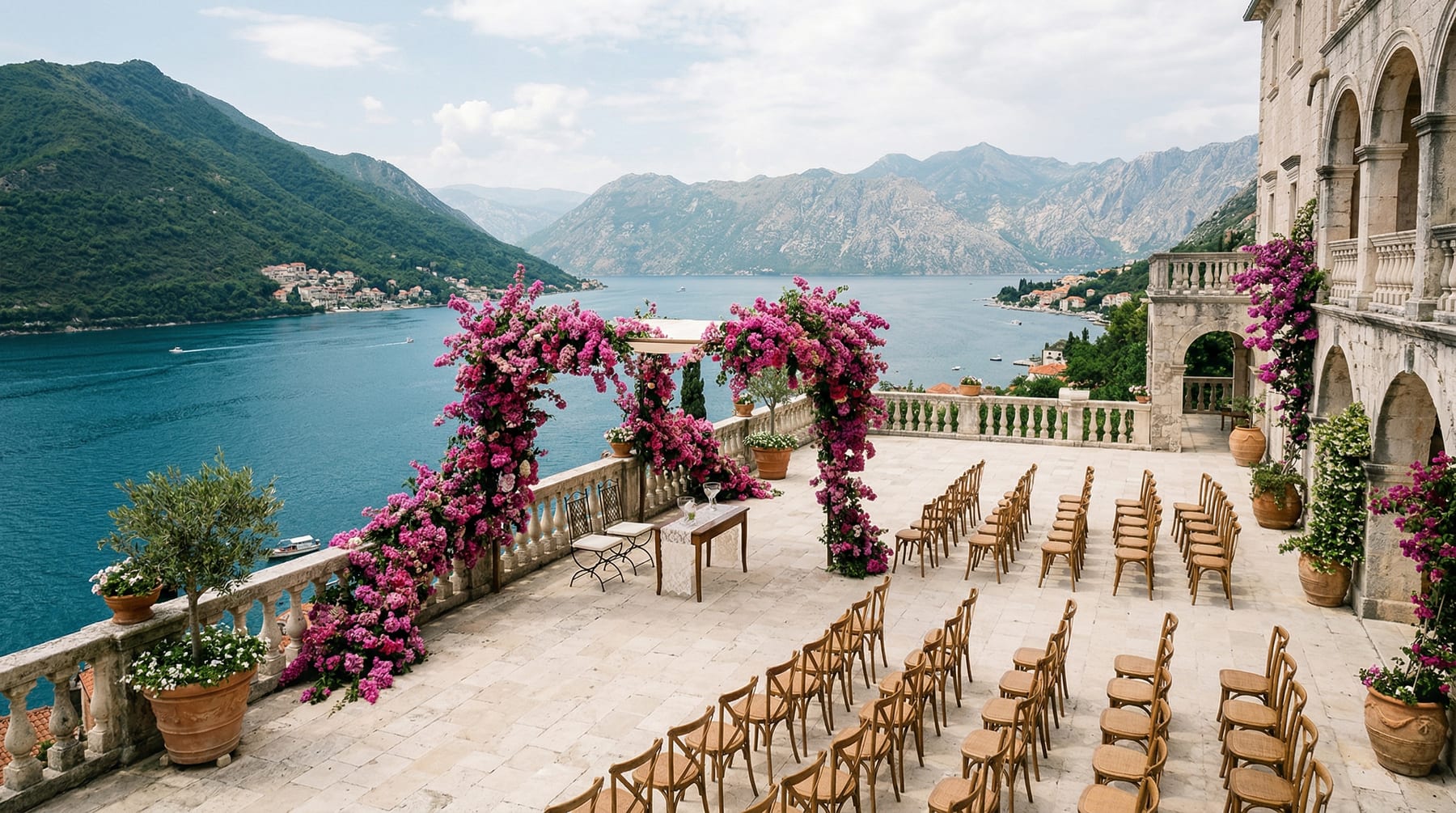 Grand wedding ceremony setup framed by vivid pink florals above the Adriatic