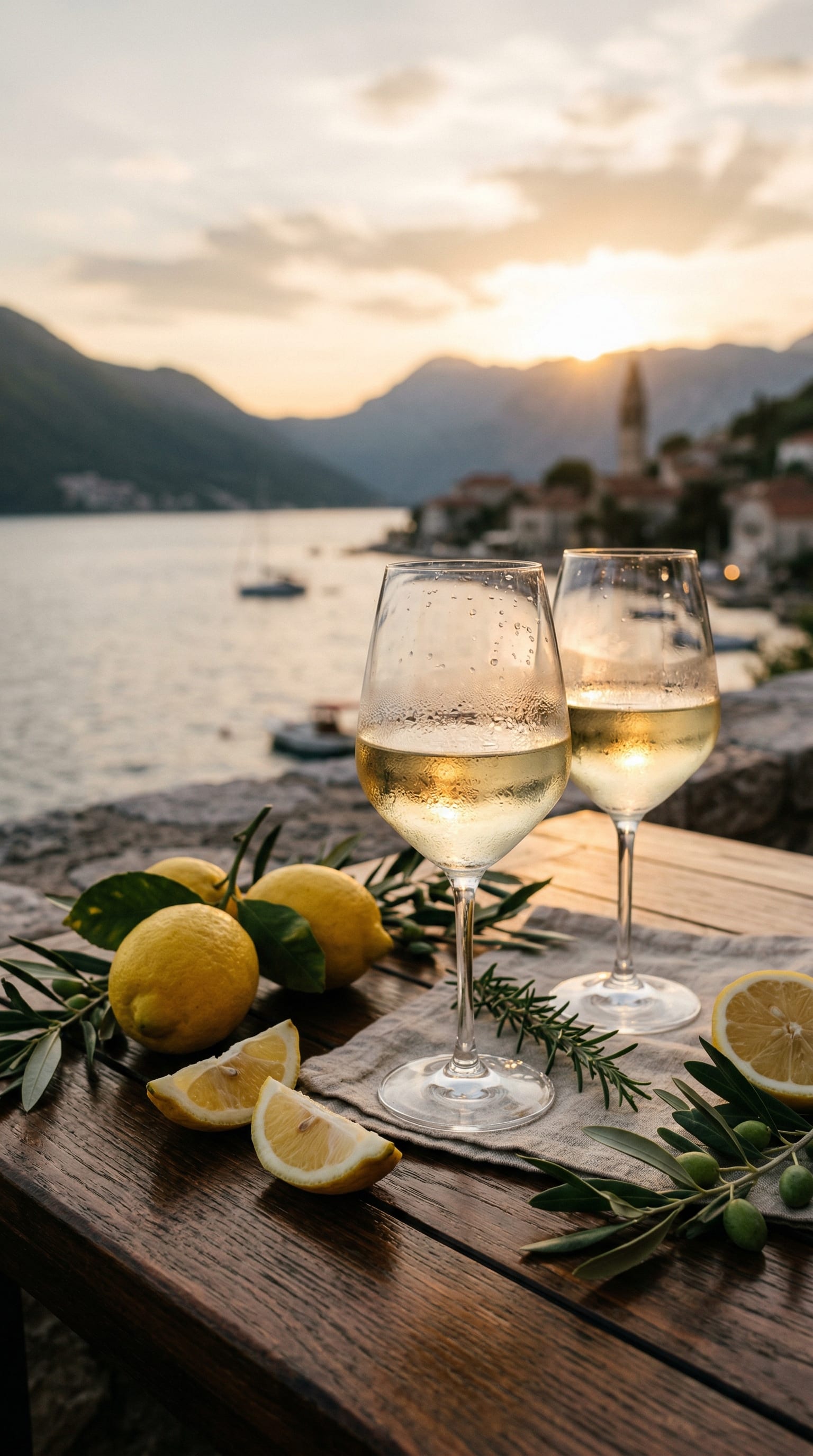 Chilled wine glasses and lemons at sunset above the Adriatic